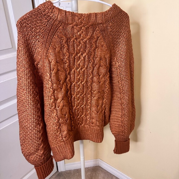 Veronica Beard Yola foil finish cable-knit pullover sweater in copper. - Picture 2 of 7